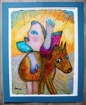 Lotti van der Gaag - acryl op papier: Le depart sur le Chameau - 1995 verkocht voor € 295!