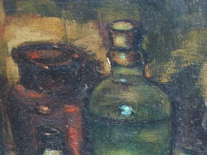 Niet of onleesbaar gesigneerd - Olieverf op doek, Stilleven met uien en flessen – gesigneerd kopen? Bied vanaf 10!