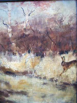 Jo Schrijnder - Haas in winterlandschap. verkocht voor € 140!