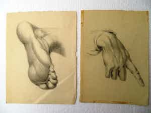 Niet of onleesbaar gesigneerd - Antieke studietekeningen van hand en voet verkocht voor € 1!