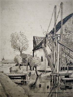 Jacob van Rossum - omstreeks 1920 - potlood - "Boerderij en ophaalbrug" - gesigneerd kopen? Bied vanaf 28!