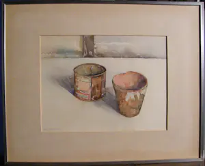 Peter Langenberg - UNICUM - aquarel - 'Blikje & Bloempot' - 230B kopen? Bied vanaf 25!
