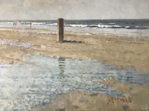 Willem Heytman - Zonnig strandgezicht met zeilbootjes kopen? Bied vanaf 750!
