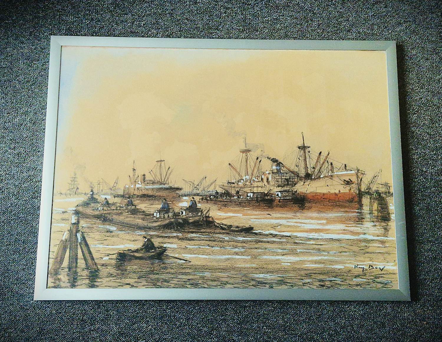 Wim Bos - fraaie pastelkrijt op papier "bedrijvigheid in de Rotterdamse haven" gesigneerd kopen? Bied vanaf 60!