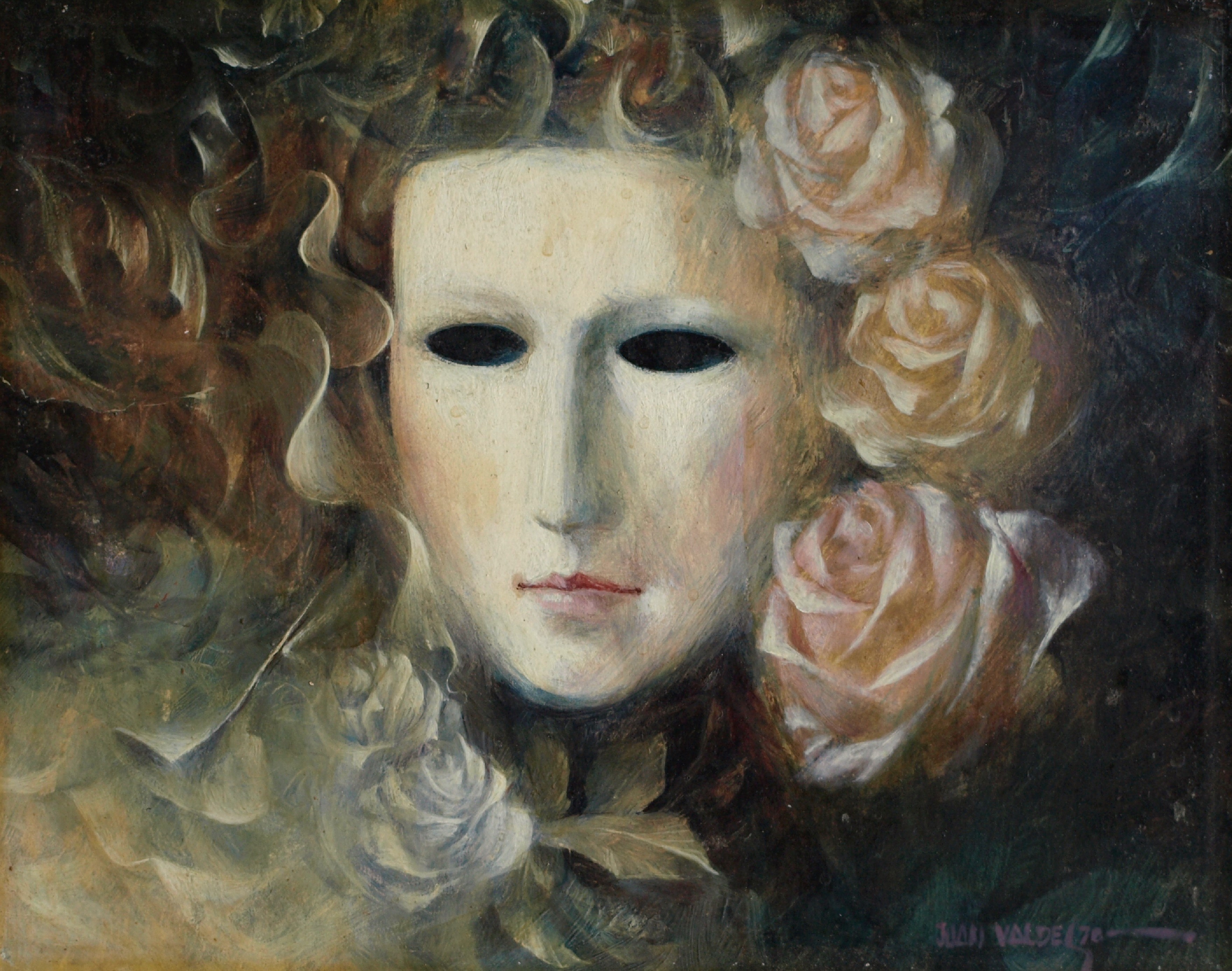 Niet of onleesbaar gesigneerd - Olieverf op paneel , “Portret met bloemen” – gesigneerd - 1970 verkocht voor € 1!