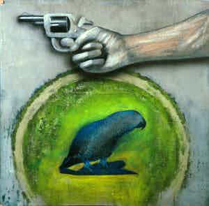 Jan Bollaert - Gemengde techniek op board, Good old Norwegian blue still alive verkocht voor € 50!