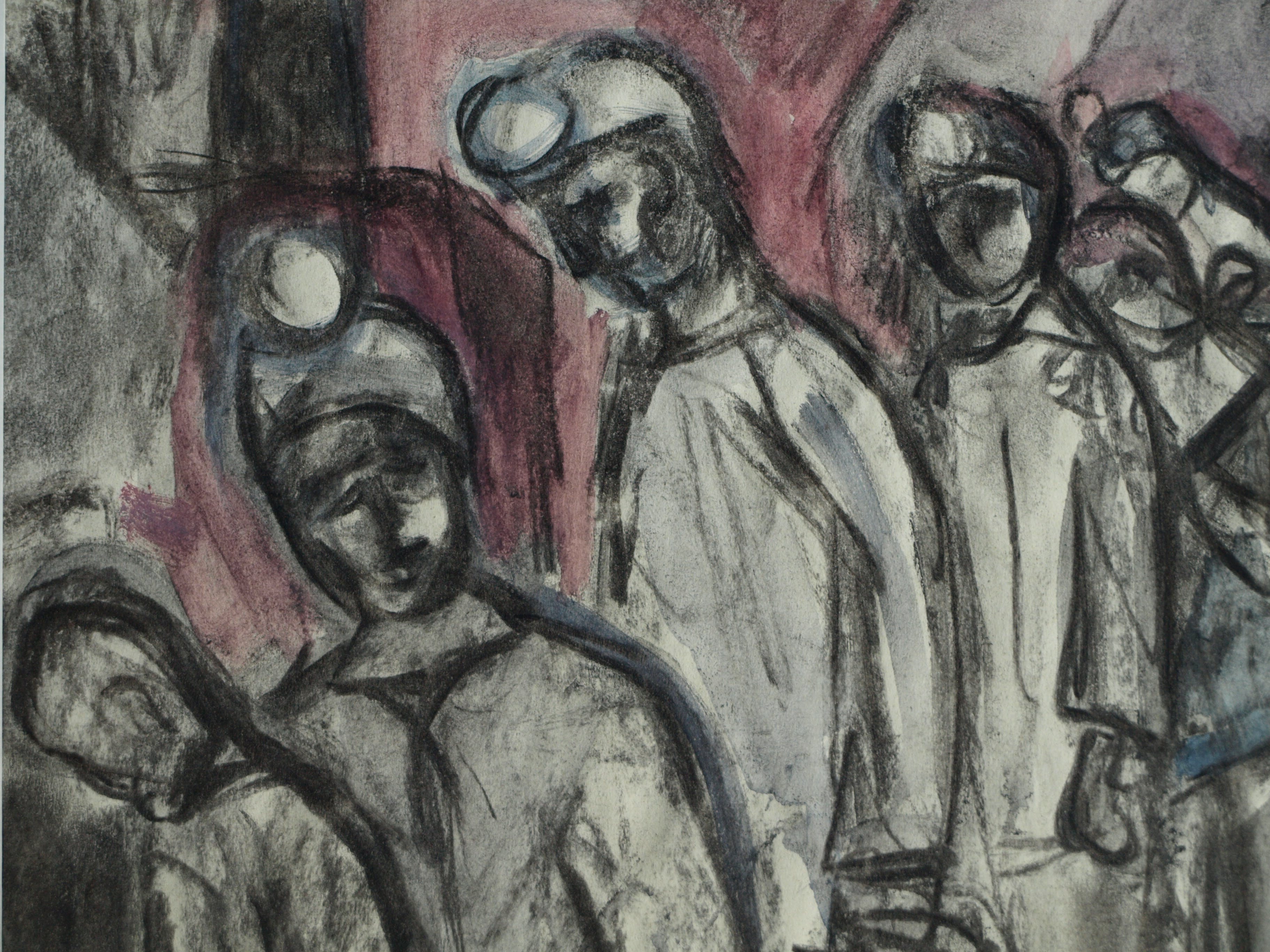 Niet of onleesbaar gesigneerd - Tekening , Mijnwerkers, Kompels - ingelijst - 1959 kopen? Bied vanaf 1!