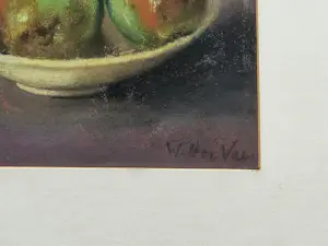 Walter Vaes - Antwerpse meester - fraai pastel stilleven "appels op schaal" mooi ingelijst kopen? Bied vanaf 158!