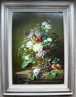 Thomas Heesakkers - Olieverf op doek: Stilleven met fruit & bloemen in vaas kopen? Bied vanaf 499!