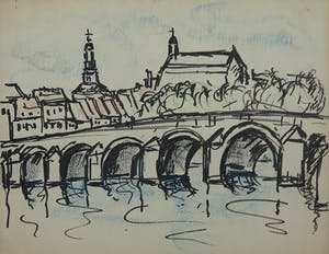 Niet of onleesbaar gesigneerd - Pen- en potloodtekening, Lot van drie stadsgezichten kopen? Bied vanaf 1!