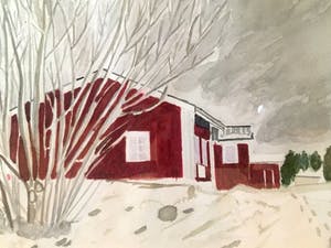 Thom Vink - Huizen in de sneeuw - Tekening, Ingelijst kopen? Bied vanaf 25!