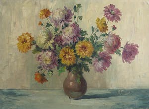 Niet of onleesbaar gesigneerd - Olieverf op doek, Vaas met chrysanten kopen? Bied vanaf 1!