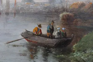 Jacob Jan Coenraad Spohler - Hollands rivierlandschap met windmolens en boten kopen? Bied vanaf 3000!