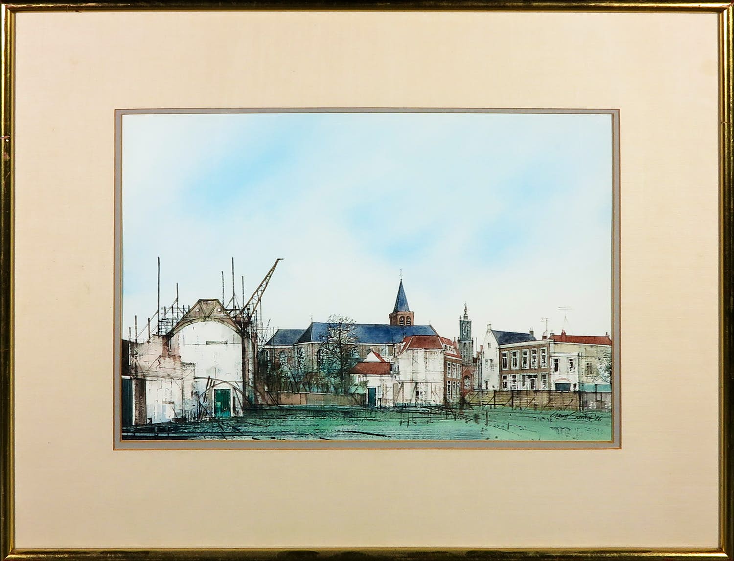 Ciano Siewert - Aquarel, Stadsgezicht - Ingelijst verkocht voor € 1!