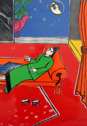 Corneille - ingelijste zeefdruk: de Chinese nachtegaal - 1988 (keurige lijst) verkocht voor € 225!