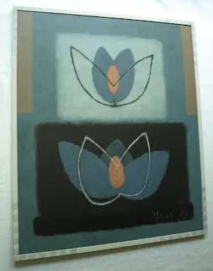 Mieke Mens - Gemengde techniek op board , 2 Bloemen – Lijst, 75 x 64 cm kopen? Bied vanaf 50!