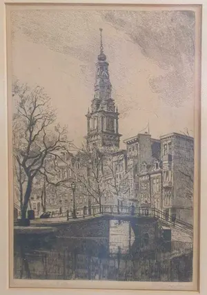 Johannes Josseaud - Amsterdamse gracht met Zuiderkerk | gekleurde litho (uniek)- ingelijst kopen? Bied vanaf 45!
