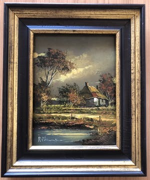 Rick Theunissen - Prachtig schilderij in kenmerkende kleuren. " Huis aan het water ". kopen? Bied vanaf 50!