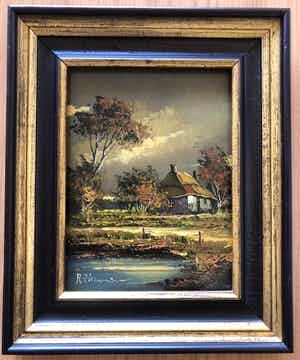 Rick Theunissen - Prachtig schilderij in kenmerkende kleuren. " Huis aan het water ". verkocht voor € 50!