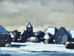Pieter de Bodt - olieverf op board : dorp in winter - 1961 verkocht voor € 299!