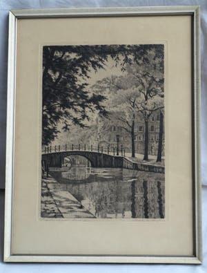 Maarten Langbroek - Ets, Reguliersgracht, Amsterdam – Gesigneerd en ingelijst – ca 1965 kopen? Bied vanaf 10!