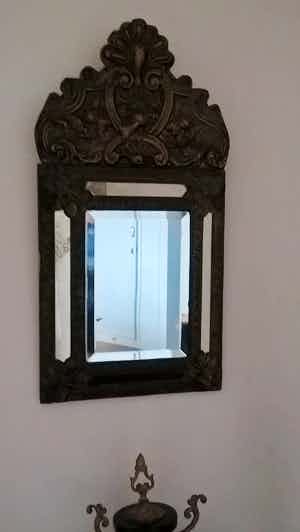 Latoenkoperen Spiegel / Stoffer en Blik - Hout, Koper verkocht voor € 1!