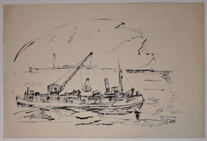 Wim Motz - 2 tekeningen van Rotterdamse havengezichten kopen? Bied vanaf 50!