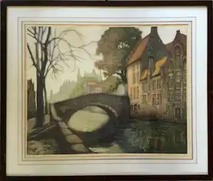 Alfred van Neste - Gracht in Brugge | kleuren ets - ingelijst verkauft für € 45!