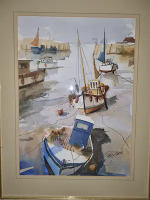 Terry Burke - Aquarel Haven Brixham Zuid Engeland met lijst kopen? Bied vanaf 30!