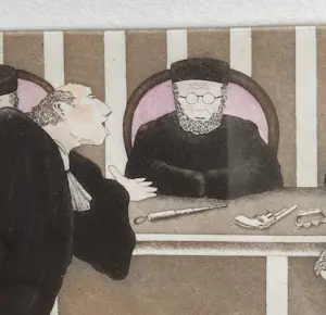 Bernd Hauck - Ingekleurde grappige ets, man voor rechter, gesigneerd, gelijst kopen? Bied vanaf 45!