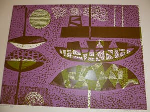 Jenny Dalenoord - Kleuren houtsnede. Titel "Haven". kopen? Bied vanaf 25!