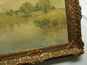 Albert Mulder - Olieverf op doek, Landschap aan het water – Lijst, 60 x 70 cm. kopen? Bied vanaf 20!