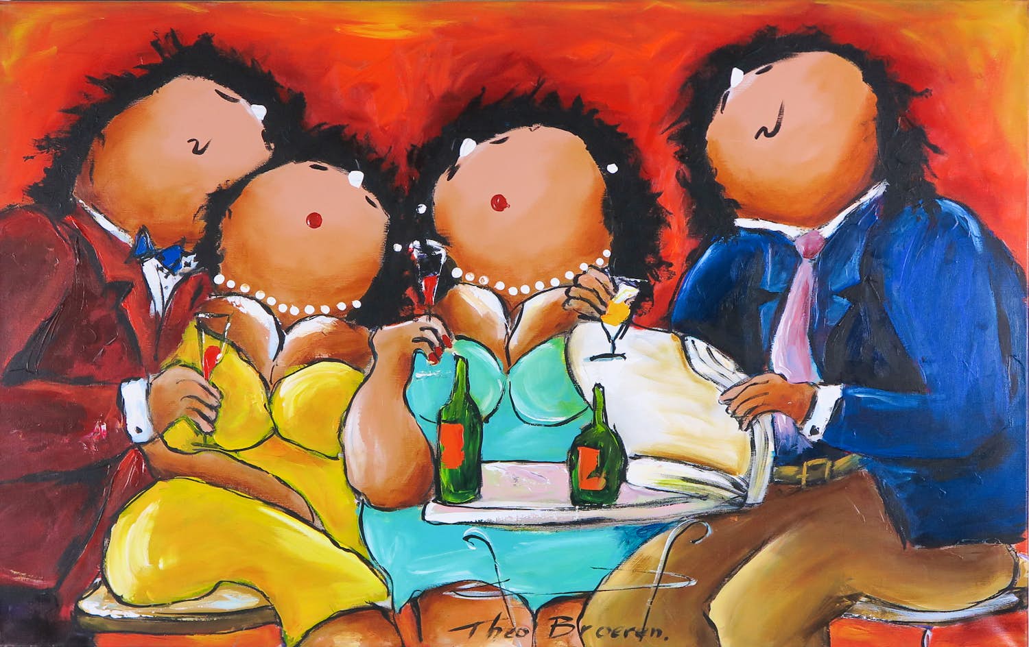 Theo Broeren - Acryl op doek, Avond met de buren (Zeer groot) verkocht voor € 100!