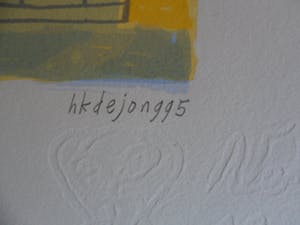 Heleen de Jong - Zeefdruk. Titel, "Race van de heftrucks". kopen? Bied vanaf 20!