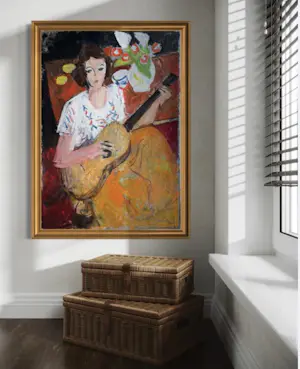 Rene Mels - Frau mit Gitarre – Großes und wunderschönes ausdrucksstarkes Gemälde kopen? Bied vanaf 800!