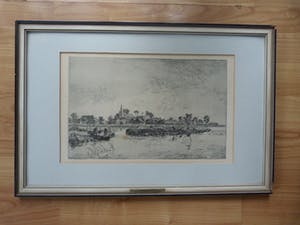 Johannes Elsinga - Fraai meertje met vissers in een boot bij een dorp, waarschijnlijk Friesland. kopen? Bied vanaf 45!