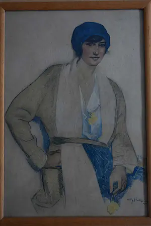 Willy Sluiter - litho - Jonge vrouw met blauw hoedje en gele bloem kopen? Bied vanaf 75!