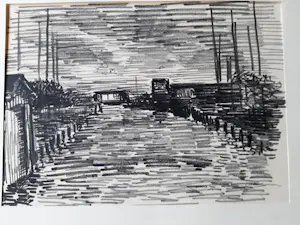 Hugo Liebe - Krijttekening, Haventje te Rijpwetering bij avond. kaufen? Bieten Sie von 20!