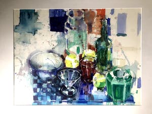 Anthonie Mandos - Stilleven met geblokte doek - Aquarel kopen? Bied vanaf 160!