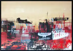 George Heidweiller - Gemengde techniek op doek, Cityscape - Ingelijst (Zeer groot) verkocht voor € 1!