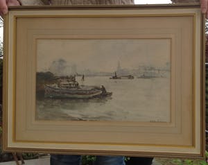 David Schulman - aquarel. bootjes aan rivierkade kopen? Bied vanaf 10!