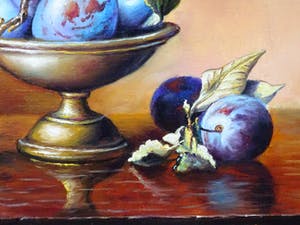 Alfonso Moreno - Schilderij stilleven pimpelmees op pruimen in een schaal. kopen? Bied vanaf 235!