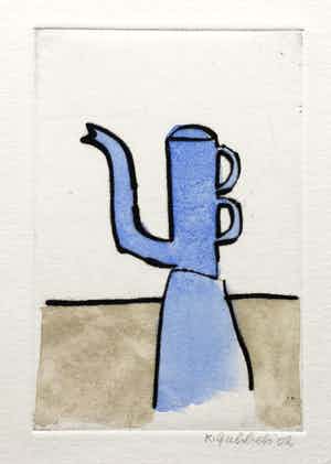Klaas Gubbels - ets met aquarel ingekleurd - ‘Blauwe kan’ - 2002 verkocht voor € 245!