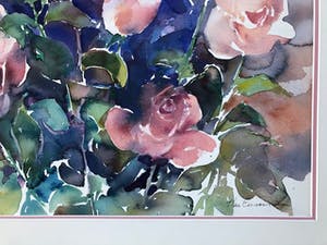Hen Euverman - stilleven met bloeiende roze rozen kopen? Bied vanaf 50!