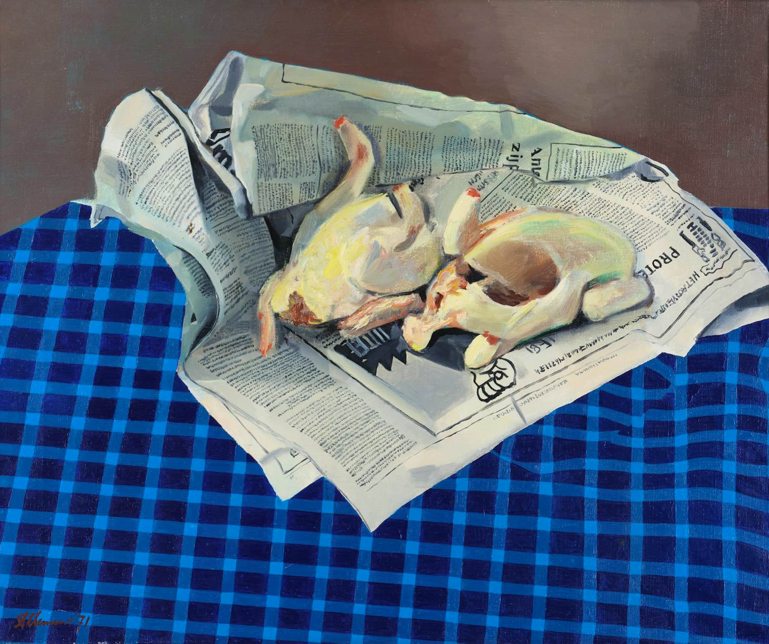 Frans Clement - Stilleven met haantjes op een krant kopen? Bied vanaf 350!