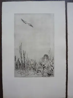 Margriet Snel - 8 etsen vrouw bij oever, figuren in landschappen kopen? Bied vanaf 50!