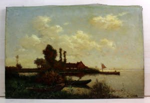 Henk Leurs - Hollands landschap met bootjes in rietkraag bij meer kopen? Bied vanaf 175!
