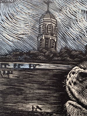 Arja van den Berg - linosnede - 'Koe in landschap' - 1992 kopen? Bied vanaf 80!