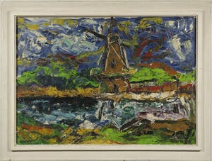 Niet of onleesbaar gesigneerd - Olieverf op doek, Landschap met molen - Ingelijst kopen? Bied vanaf 1!