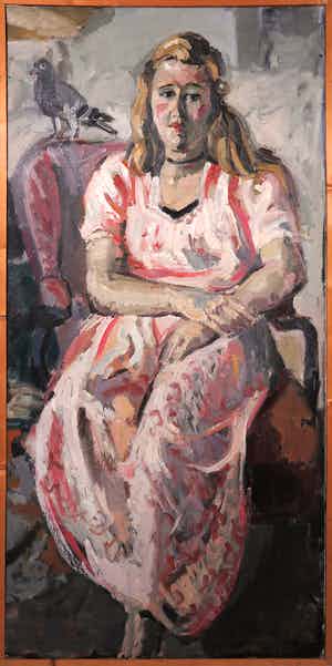 Floris Brinkman - Olieverf op doek, Meisje met duif - Ingelijst (Zeer groot) verkocht voor € 100!